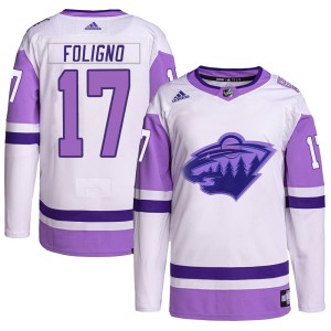 Marcus Foligno Men's Adidas Minnesota Wild Authentic White/Purple Hockey Fights Cancer Primegreen Jersey