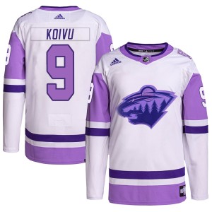 Mikko Koivu Men's Adidas Minnesota Wild Authentic White/Purple Hockey Fights Cancer Primegreen Jersey