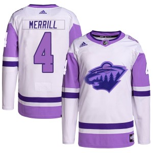 Jon Merrill Men's Adidas Minnesota Wild Authentic White/Purple Hockey Fights Cancer Primegreen Jersey