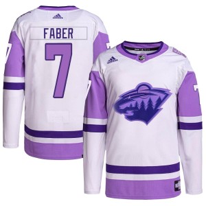 Brock Faber Youth Adidas Minnesota Wild Authentic White/Purple Hockey Fights Cancer Primegreen Jersey
