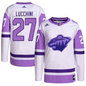 Jacob Lucchini Youth Adidas Minnesota Wild Authentic White/Purple Hockey Fights Cancer Primegreen Jersey