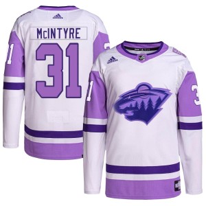 Zane McIntyre Youth Adidas Minnesota Wild Authentic White/Purple Hockey Fights Cancer Primegreen Jersey