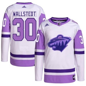 Jesper Wallstedt Youth Adidas Minnesota Wild Authentic White/Purple Hockey Fights Cancer Primegreen Jersey