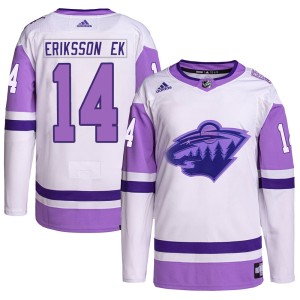Joel Eriksson Ek Youth Adidas Minnesota Wild Authentic White/Purple Hockey Fights Cancer Primegreen Jersey
